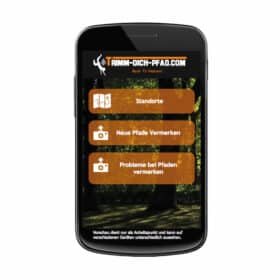 Smartphone-App TRIMM-DICH-PFAD.COM mit Naturfotohintergrund und Funktionen für Outdoor-Enthusiasten.