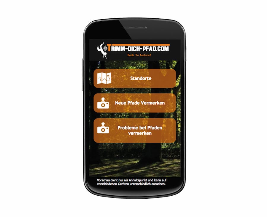 Smartphone-App TRIMM-DICH-PFAD.COM mit Naturfotohintergrund und Funktionen für Outdoor-Enthusiasten.