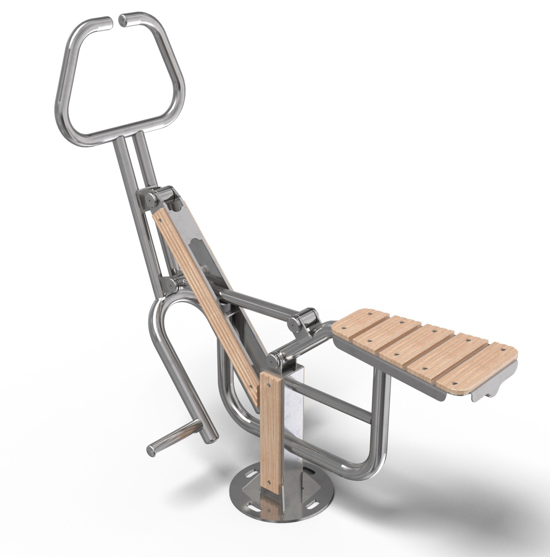 Outdoor-Fitnessgerät Rudergerät Edelstahl mit Holzdetails, ergonomisch und wetterfest für öffentliche Bereiche.