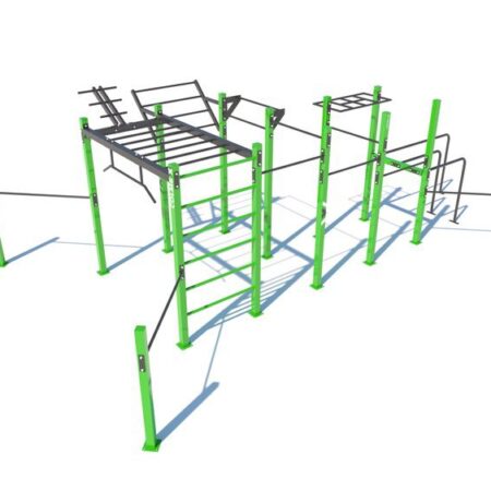 Outdoor Fitnessstruktur mit grünen und grauen Metallelementen für vielseitige Körpergewichtsübungen.