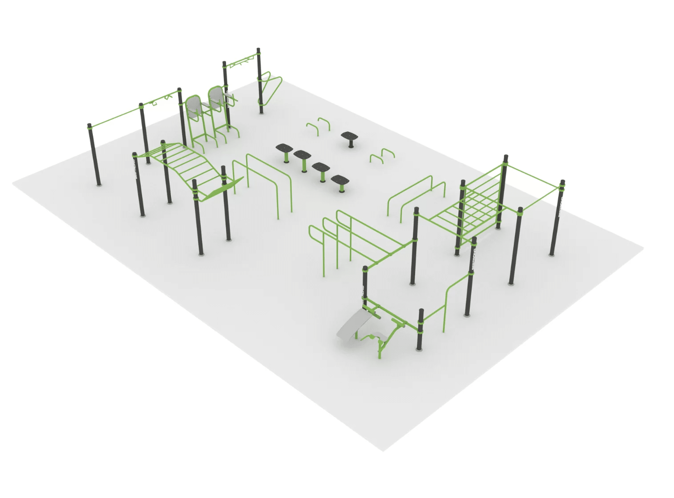 Outdoor-Fitnesspark für Calisthenics mit Klettergerüsten, Klimmzugstangen und Balance-Übungen in moderner Umgebung.