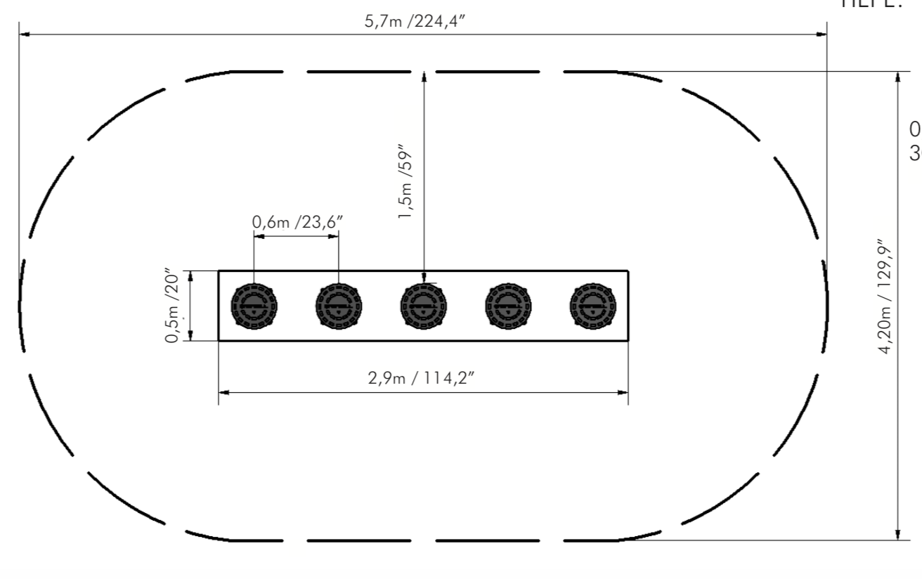 Technisches Diagramm einer elliptischen Rennstrecke mit rechteckigem Bereich und Symbolen, Maße angegeben.