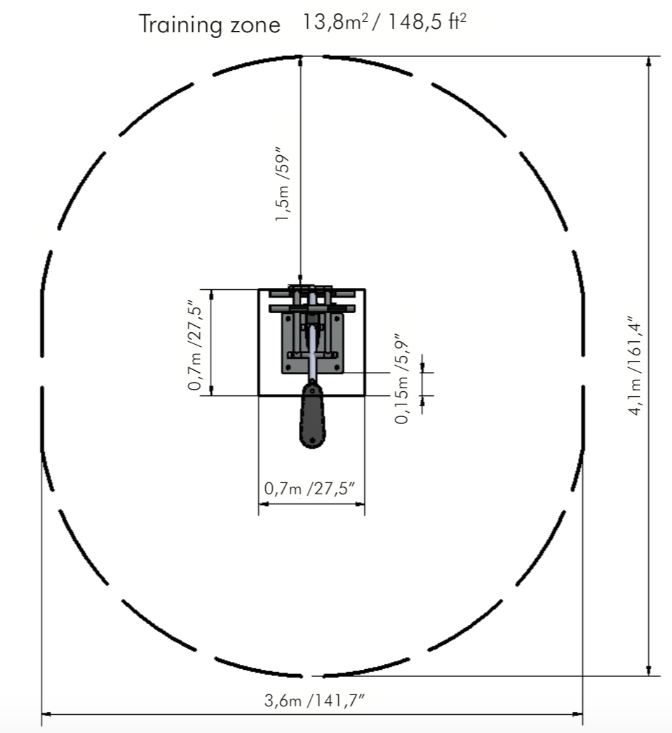 Technisches Diagramm des Trainingsbereichs, 13,8 Quadratmeter Sicherheitsbereich für Fitnessgerät.