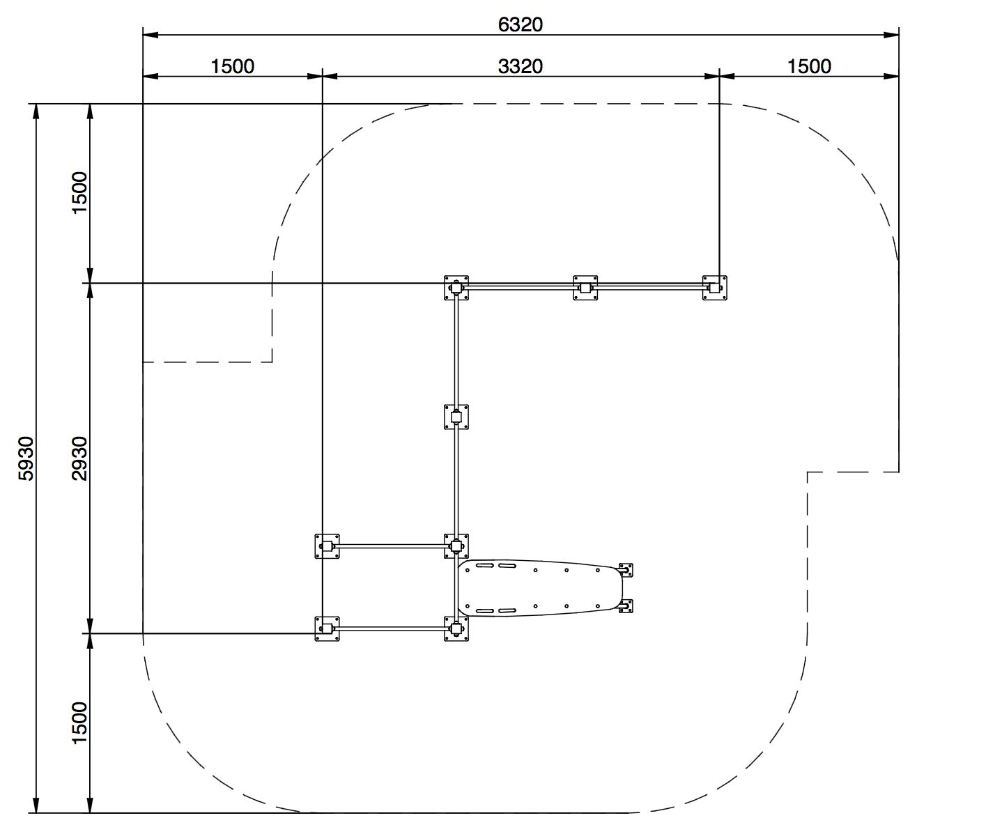 Architektur- oder Ingenieurplan des JCIR24H-Sicherheitsbereichs mit Maßen und Strukturelementen.