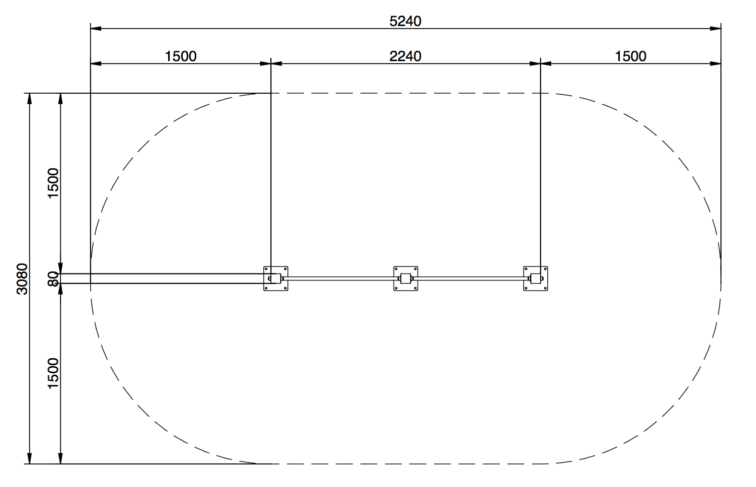 Architekturplan: Technische Zeichnung, rechteckig, 5240x3080 mm, gekrümmte Enden, Sicherheitsbereich.