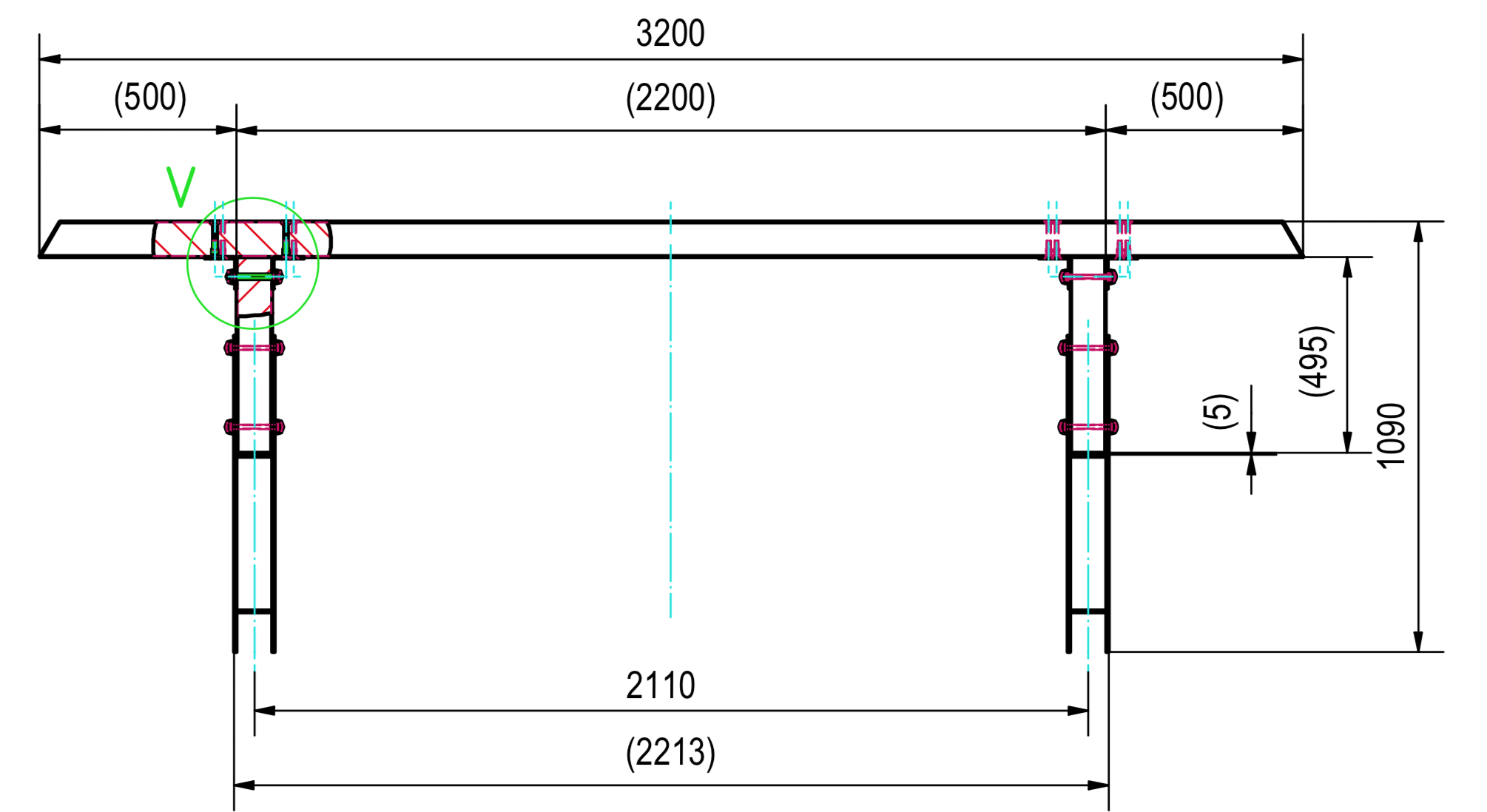 Technische Zeichnung eines Tischs oder Stützstruktur, Maße und Verstärkungen detailliert dargestellt.