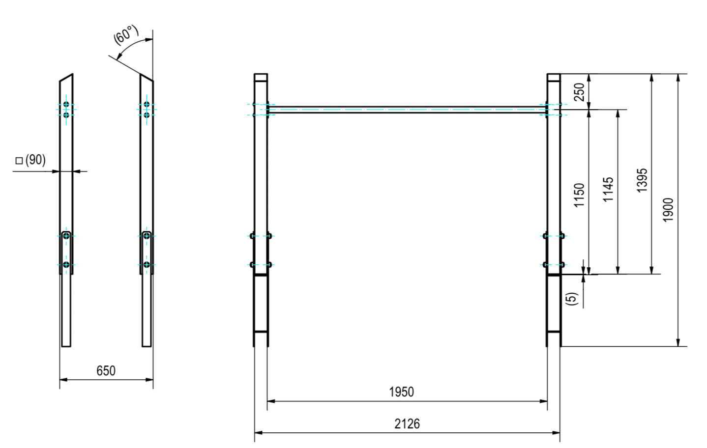 Technische Zeichnung eines Rahmens: Vorder- und Seitenansicht mit genauen Maßangaben und Winkel.