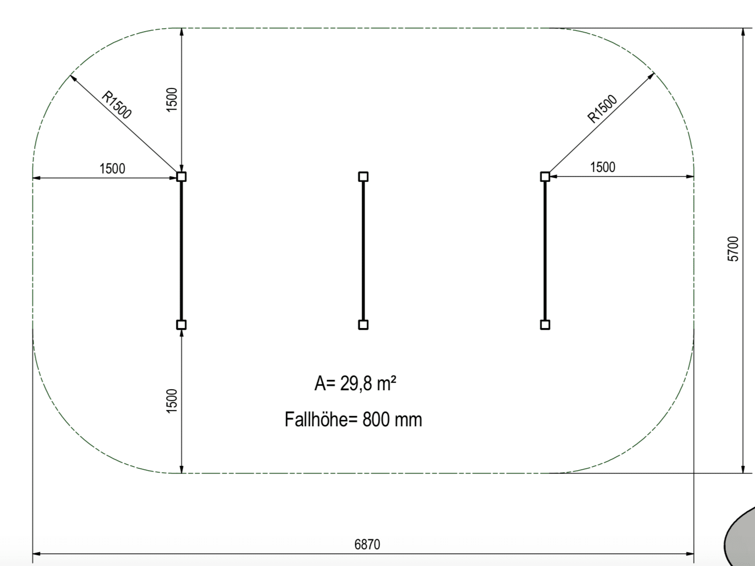 Technische Zeichnung einer rechteckigen Fläche mit Sicherheitsmerkmalen, möglicherweise für Spielplatz.