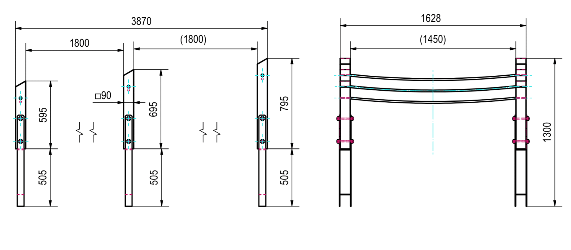 Technische Zeichnung eines Strukturelements mit genauen Maßen und hervorgehobenen Bereichen.