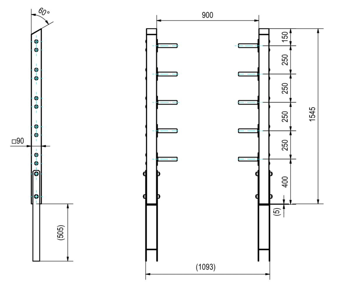 Technische Zeichnung Bauteil mit Löchern, symmetrischen Verlängerungen und präzisen Abmessungen für Bauwesen.