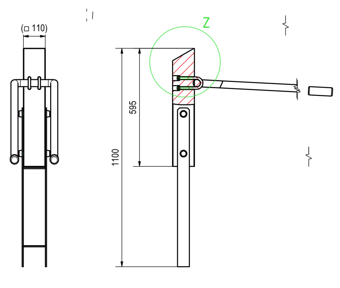 Technische Zeichnung eines mechanischen Bauteils mit Vorder- und Seitenansicht, Maße und Mechanismen.