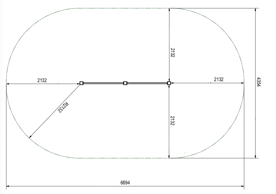 Technische Zeichnung eines ovalen Grundrisses mit Maßen für Architektur- oder Ingenieurprojekte.