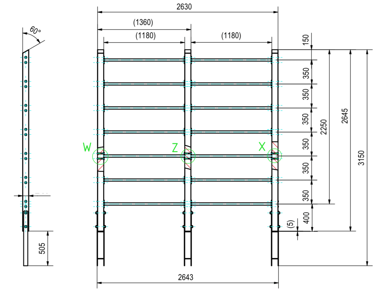 Technische Zeichnung eines Schräggerüsts mit präzisen Maßen und strukturellen Details.