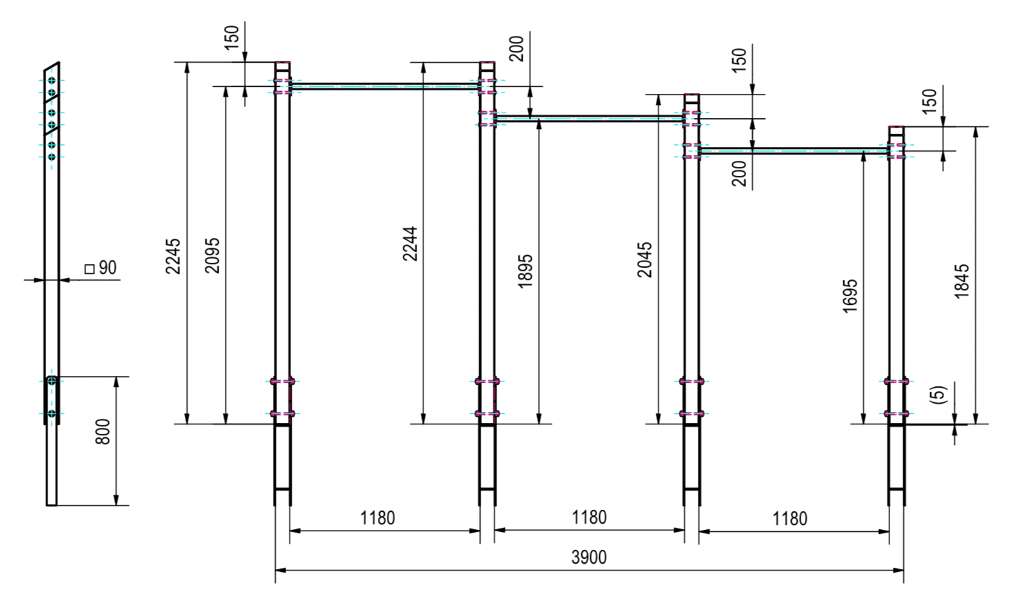 Technische Zeichnung eines strukturellen Rahmens mit Maßen in der Seiten- und Vorderansicht.