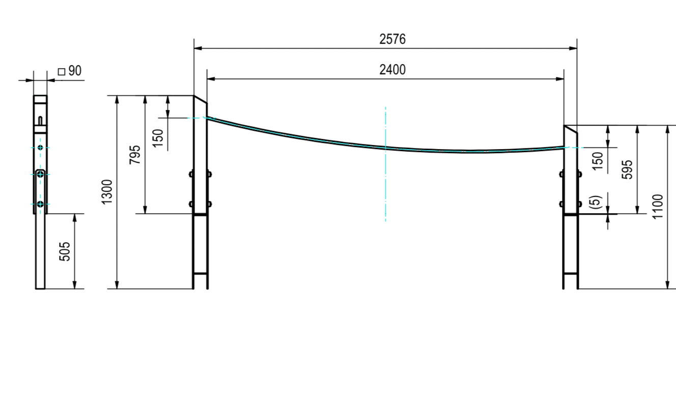 Technische Zeichnung eines Tragwerks mit Säulen und einem gebogenen Träger.