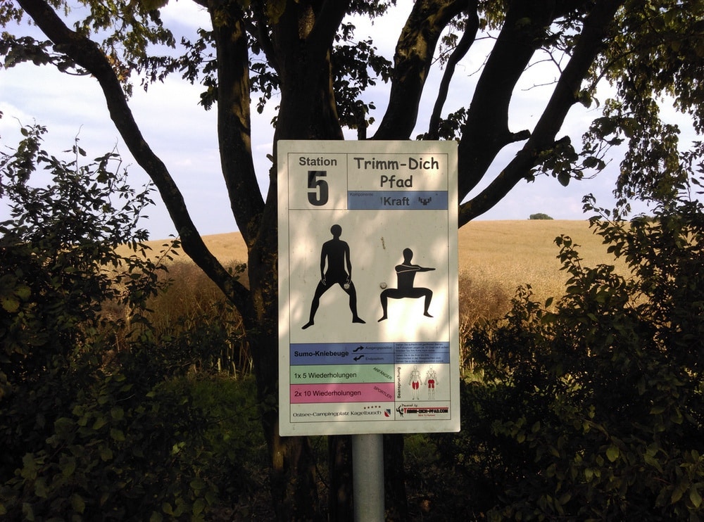 Station 5 Fitness Schild im Freien mit Kniebeugenillustrationen, Trimm-Dich-Pfad im Grünen.