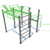 Outdoor Calisthenics-Station: Kletterwand, Monkey Bars, parallele Dip Bars in grün-schwarzem Design.