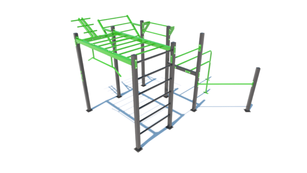 Outdoor Calisthenics-Station: Kletterwand, Monkey Bars, parallele Dip Bars in grün-schwarzem Design.