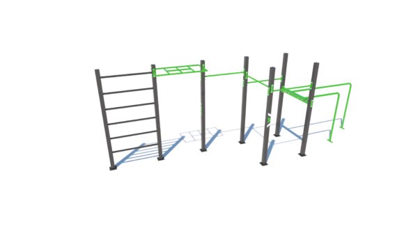 Outdoor Fitnessgerät: Robuste Metallstruktur für Klettern, Schwingen und verschiedene Körperübungen.