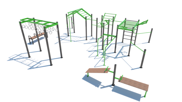 Moderner Outdoor-Fitnesspark mit Klettergerüst und Affenstangen für Ganzkörpertraining.