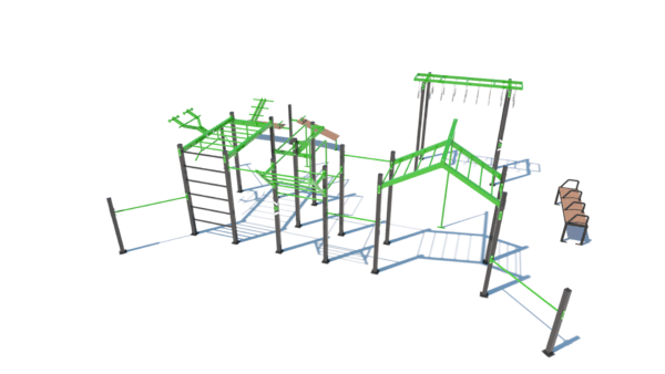 Modulare Outdoor-Fitnessstation mit Kletterleiter, Klimmzugstangen, Parallelstangen und Ruhebank.