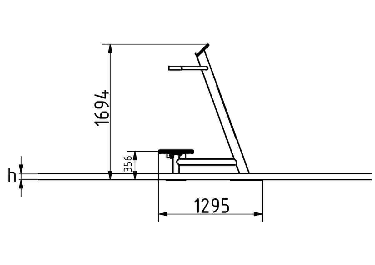 Technische Zeichnung einer Struktur mit genauen Maßen und geometrischen Formen für Fertigung.