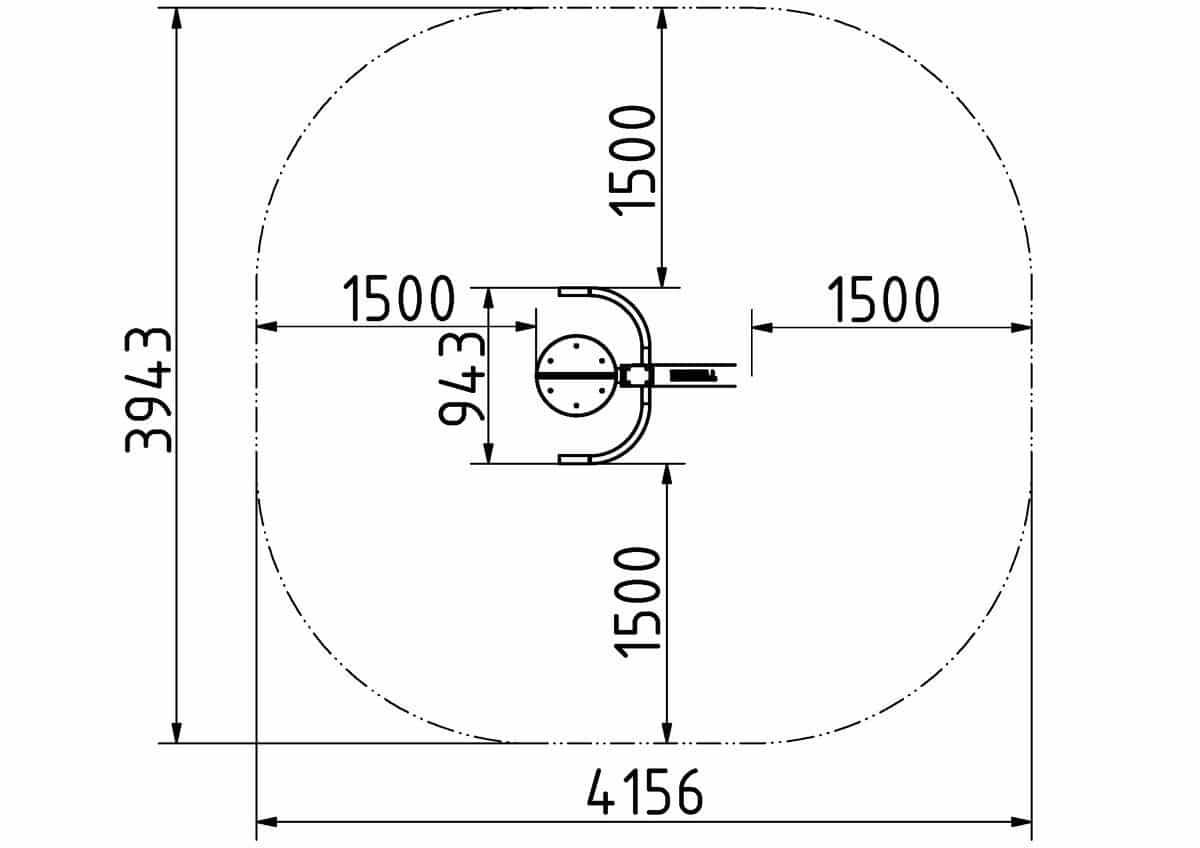 Technische Zeichnung: Ovalform, Abmessungen, zentraler Bogen mit Durchmesser 1500, mechanisches Design.