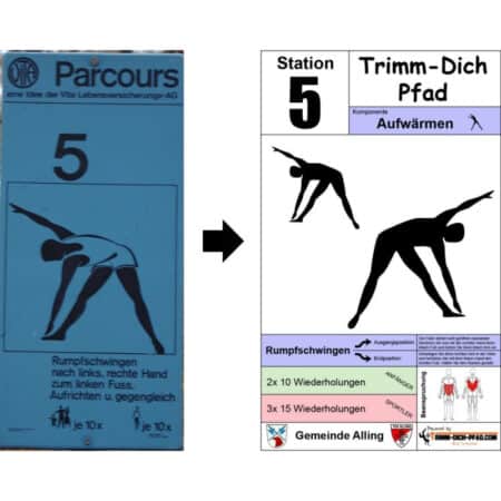 Sportschild “Rumpfschwingen nach links, rechte Hand zum linken Fuss, Aufrichten u. Gegengleich” -Rumpfschwingen