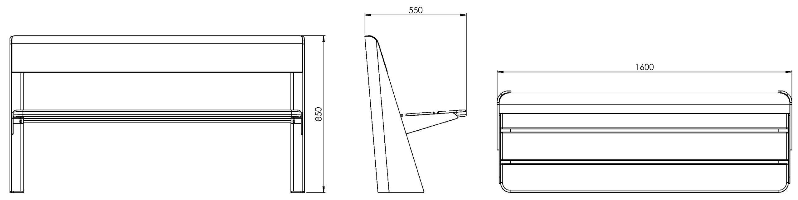 Technische Zeichnung einer minimalistischen Bank mit Maßen und Details aus drei Ansichten.