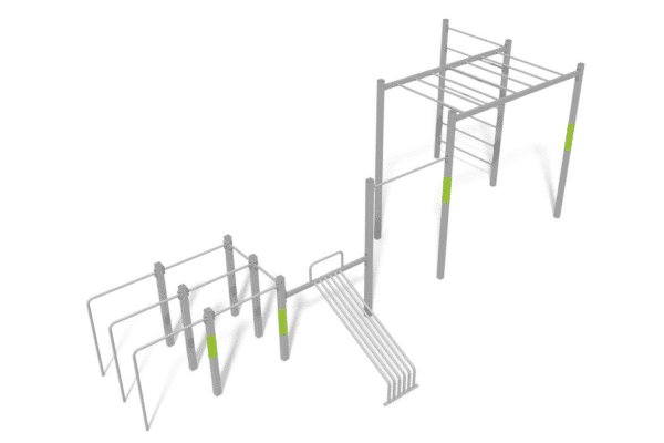 Outdoor Fitnessgerät aus Metall mit Barren und Sprossen für vielseitige Übungen im Freien.