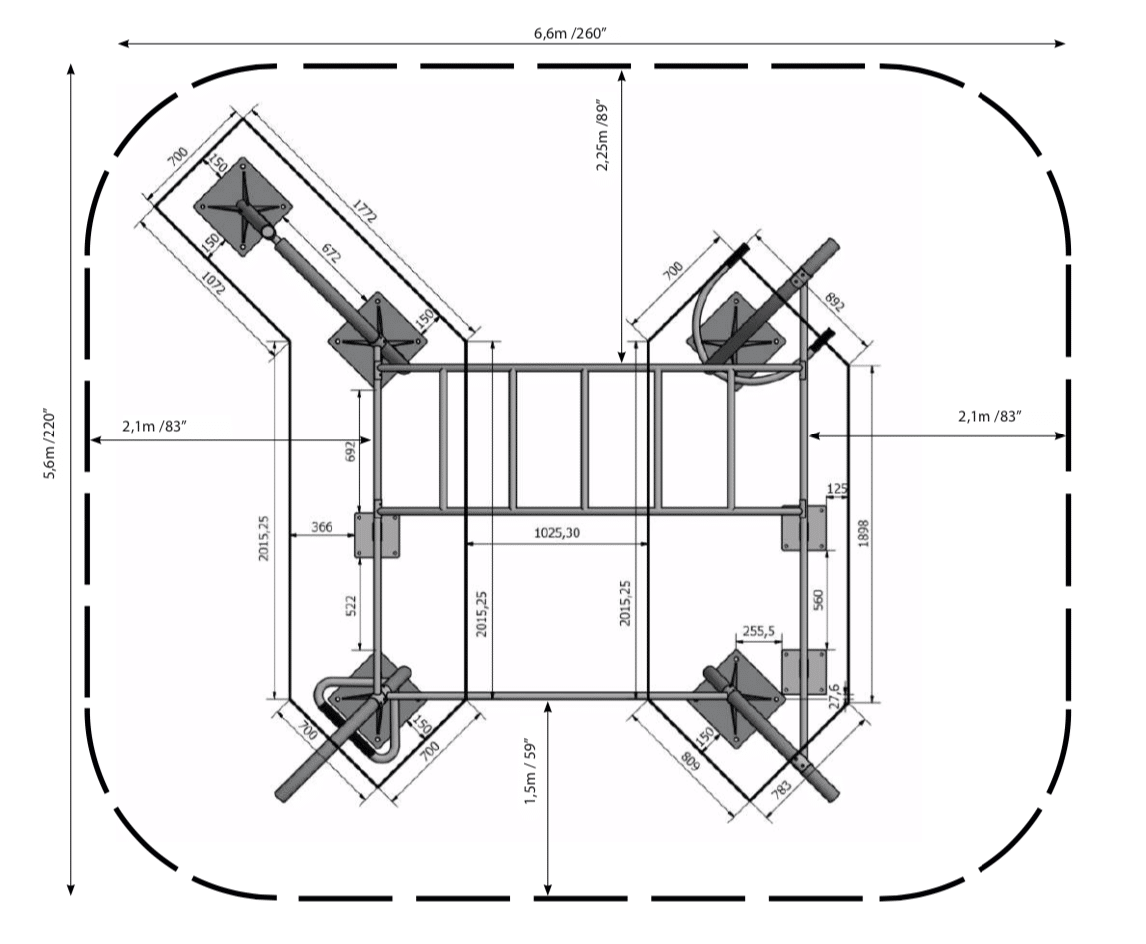 Calisthenics-Station-Blueprint online, Sicherheit, Zugriff, Aufbau, Dimensionen in imperial und metrisch.