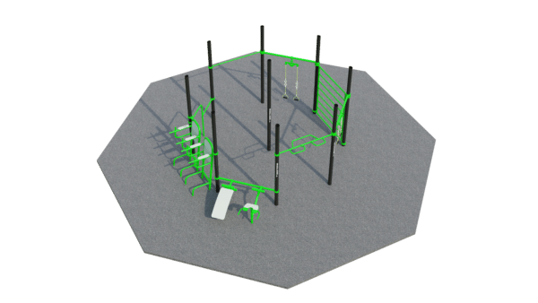 Outdoor Fitnessstation mit grünen und schwarzen Calisthenics-Geräten auf hexagonaler Plattform.