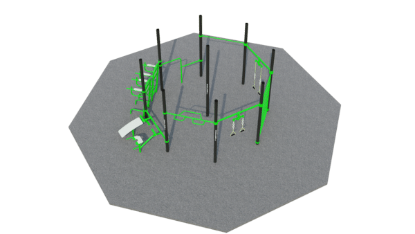 Moderner Outdoor-Fitness-Parcours: Hexagonale Plattform, Metallstangen, Calisthenics, Schwarz-Grün, variabel einsetzbar.