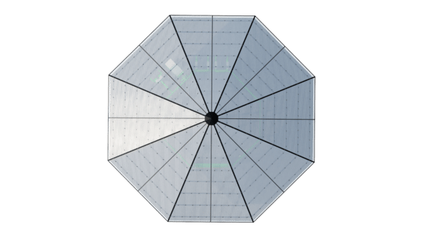 Luftaufnahme einer geometrischen Umbrella-Struktur mit radialen, reflektierenden Dreiecks-Panels und zentralem Hub.