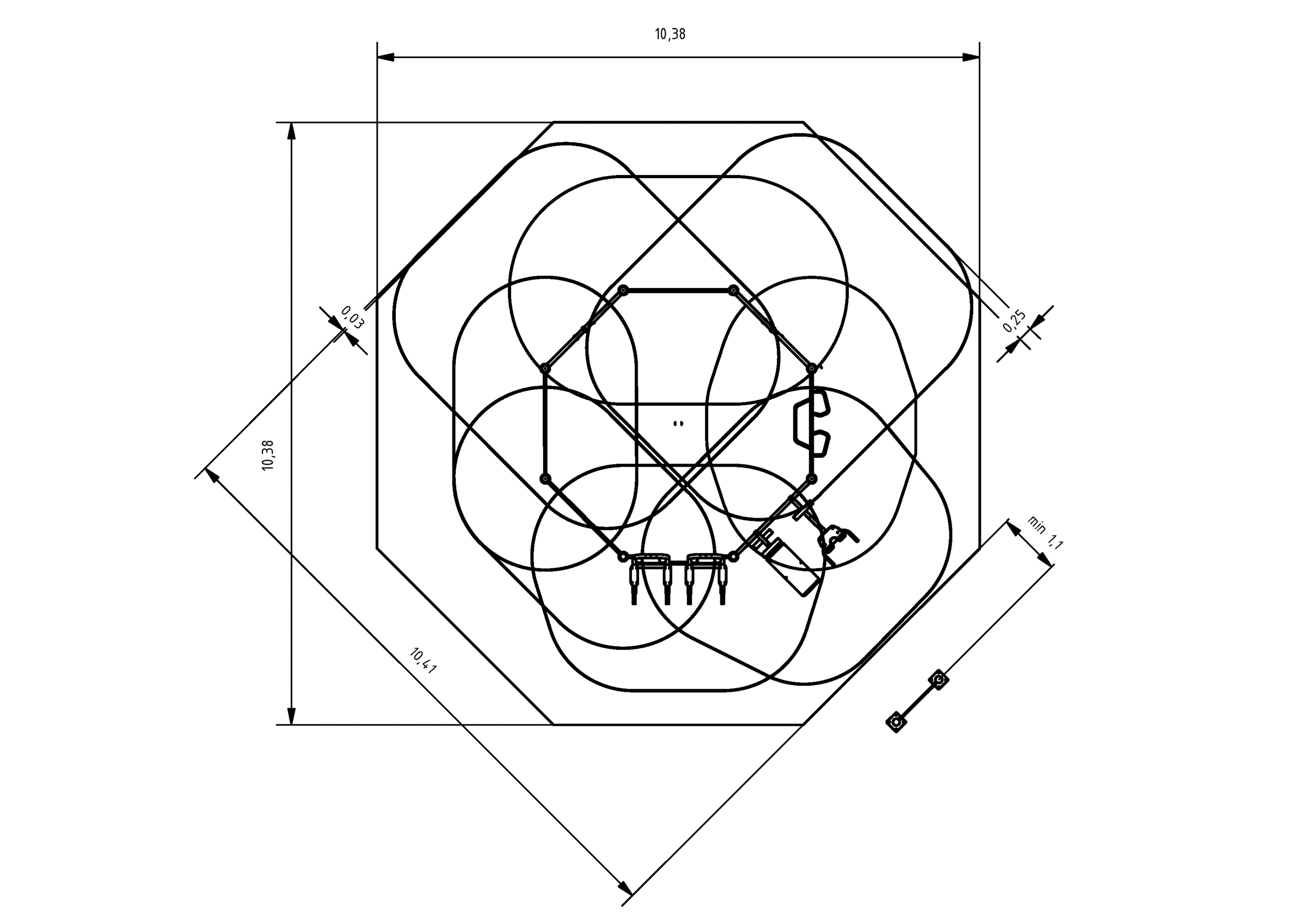 Technische Zeichnung: Hexagonale Architektur mit zentralem Fokus und symmetrischen Elementen.