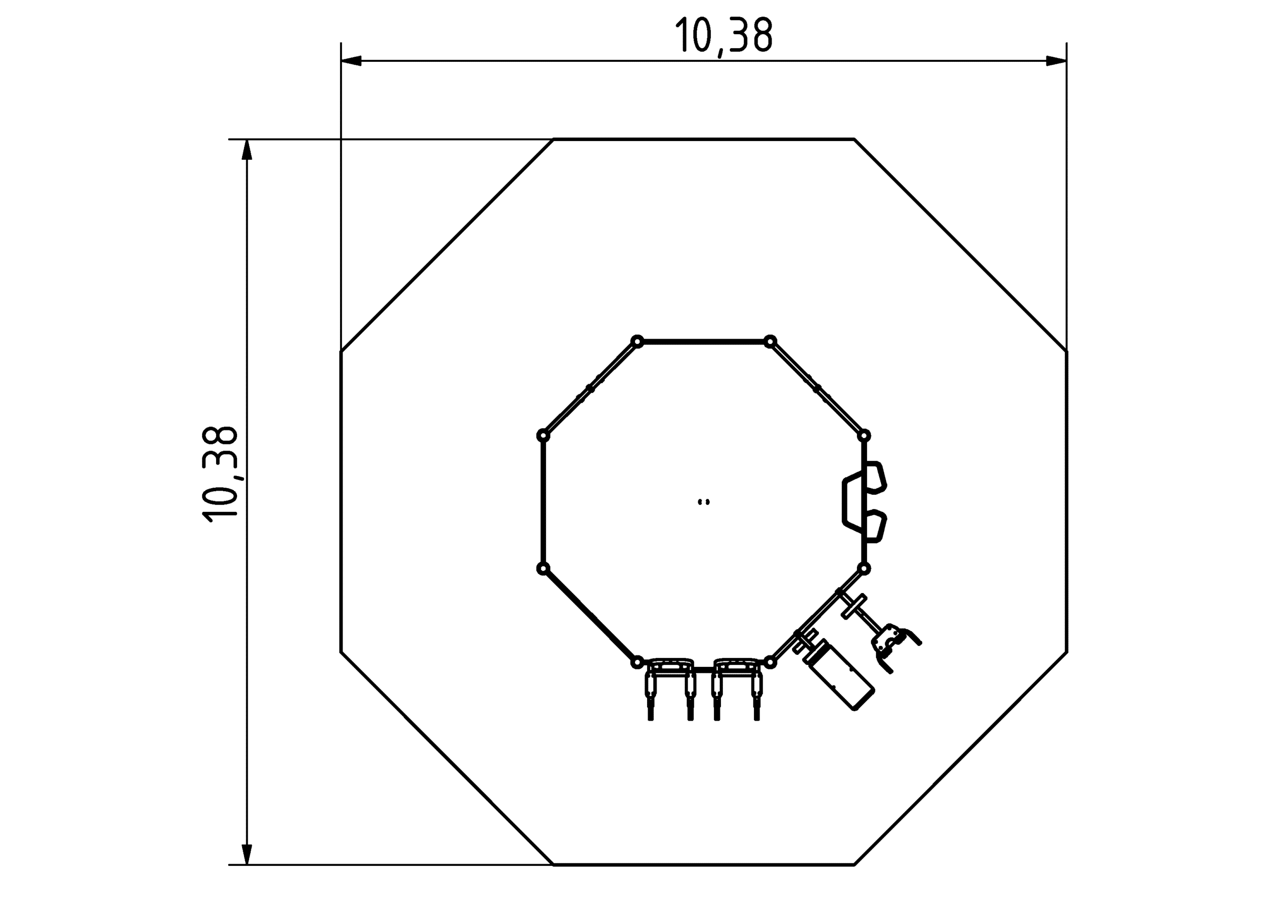 Technische Zeichnung einer achteckigen Struktur mit mechanischen Komponenten zur industriellen Nutzung.