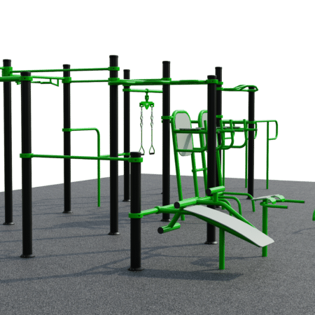 Moderner Outdoor-Fitnesspark für Erwachsene mit multifunktionalem Klettergerüst und Trainingsgeräten.