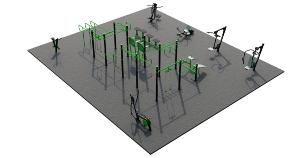 Outdoor Fitnesscenter mit multifunktionalem Trainingsgerüst, Kardio- und Kraftgeräten auf gummierter Plattform.