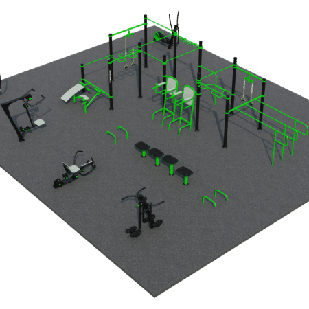 Outdoor Fitnessstation mit verschiedenen Trainingsgeräten für Kraft, Ausdauer und Flexibilität im modernen Design.