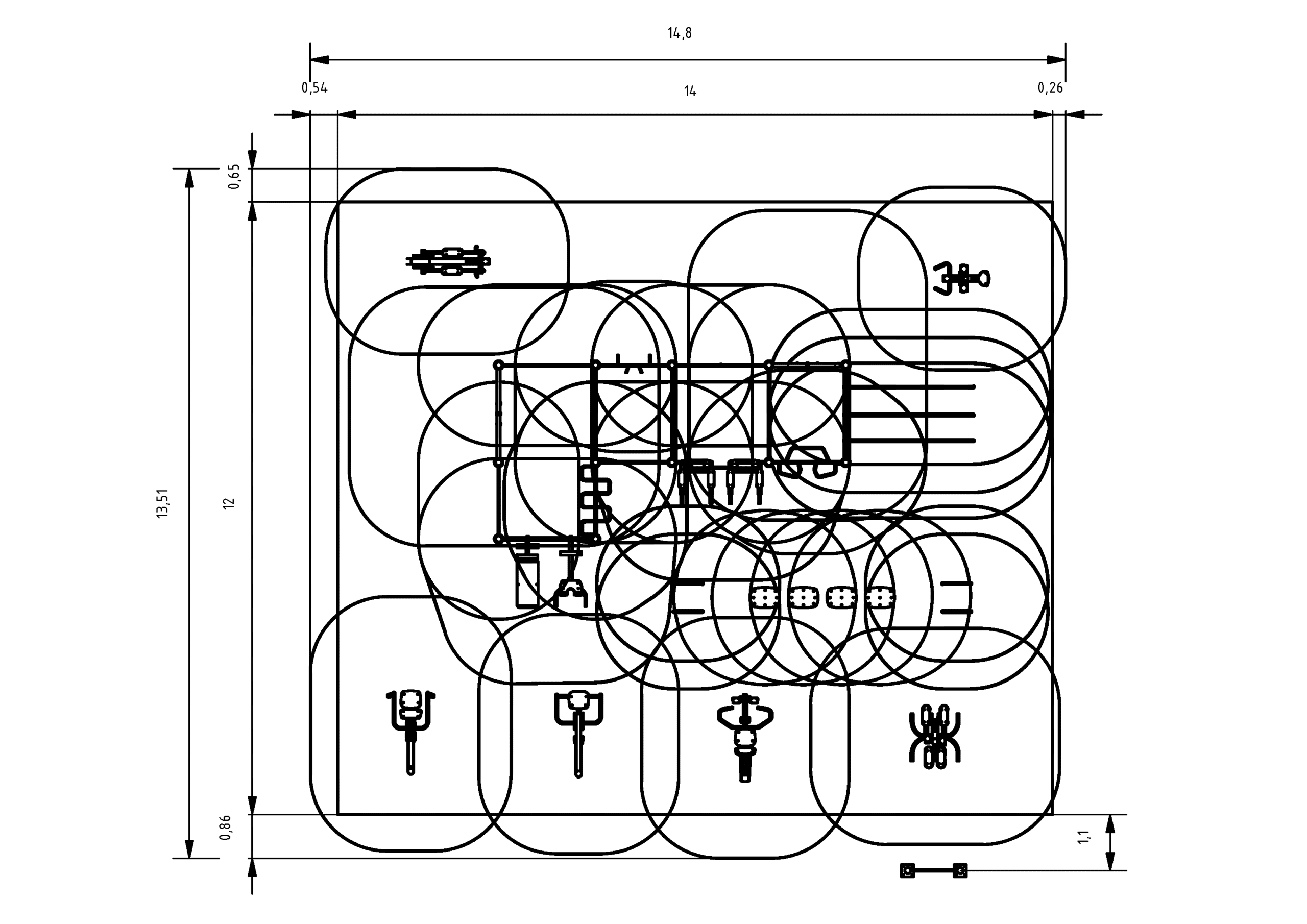 Detailreiche technische Zeichnung eines geometrischen Layouts mit Kreisen und Linien für mechanische Systeme.