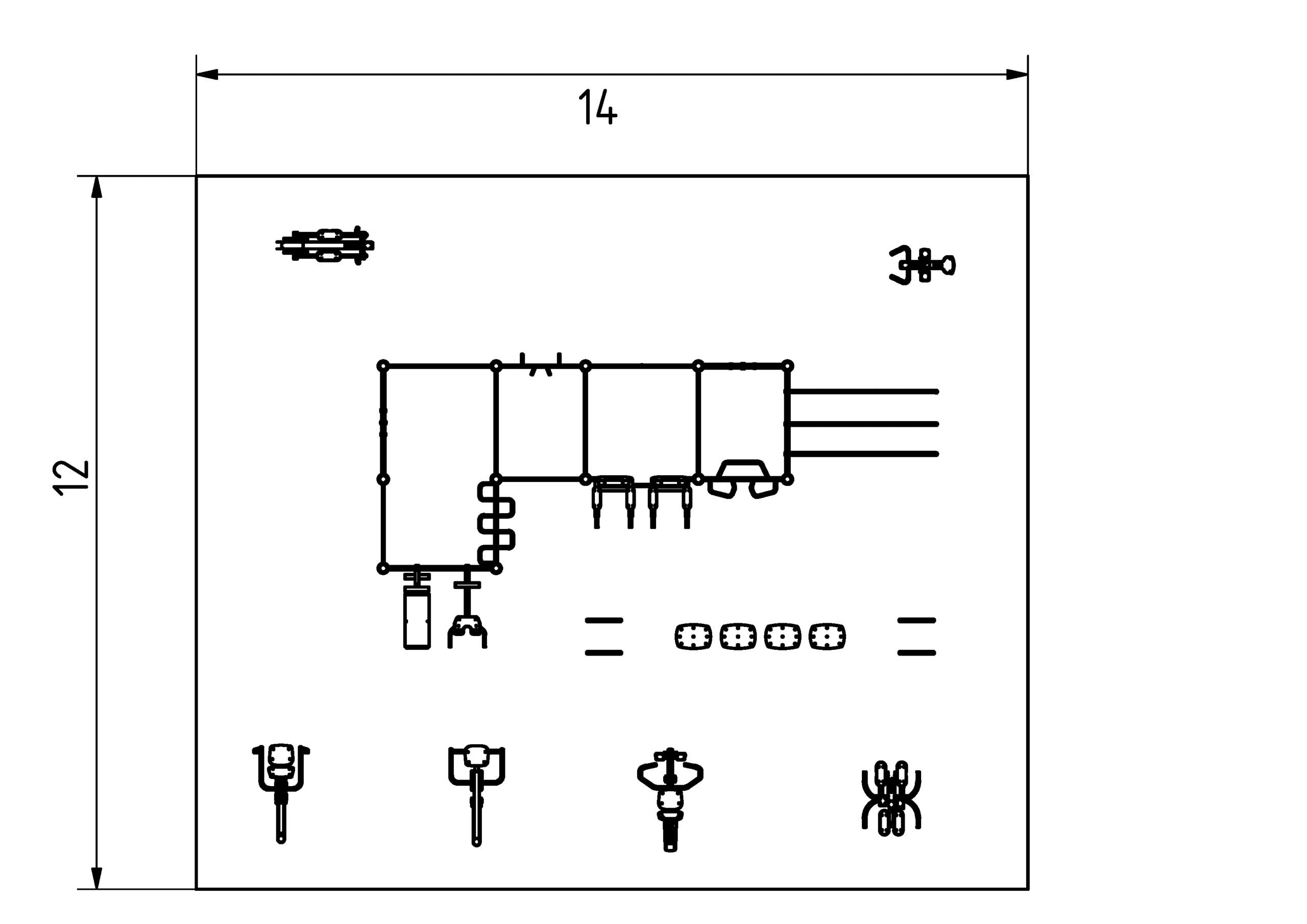 Technisches Diagramm: Mechanische und elektrische Komponenten und Verbindungen.