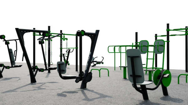 Moderner Outdoor-Fitnesspark mit schwarz-grüner Ausrüstung und Fokus auf Stärke- und Gewichtsübungen.