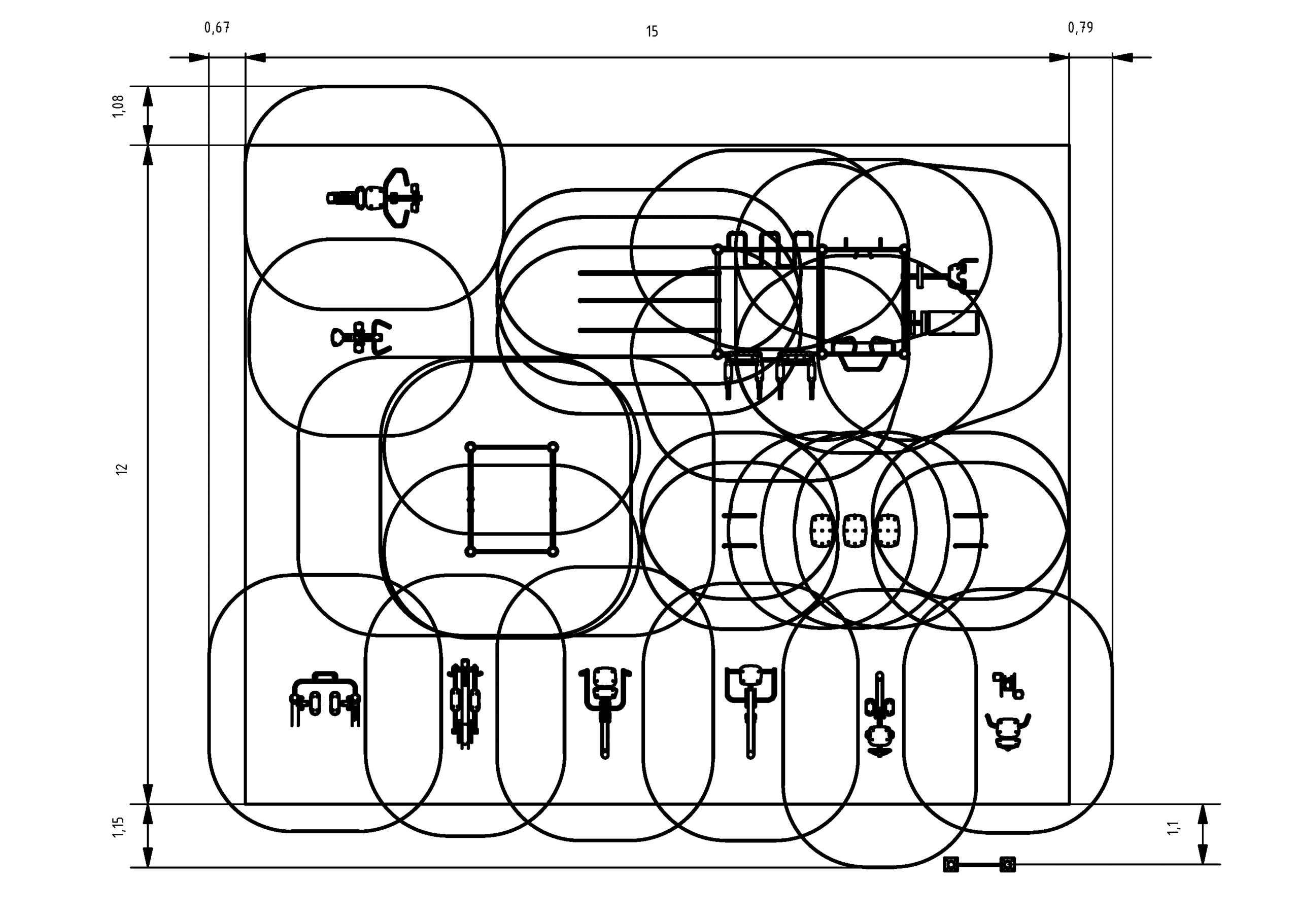 Technische Zeichnung, technische Kreise und Symbole mit detaillierten Messungen und Struktur.