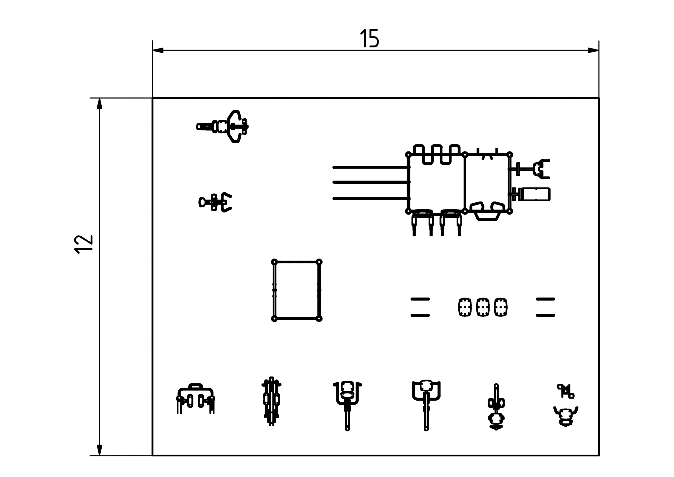 Technische Zeichnung, Elektronik- und mechanische Komponenten, Rasterschema, detailliertes Layout, Dimensionen 15x12 Einheiten.