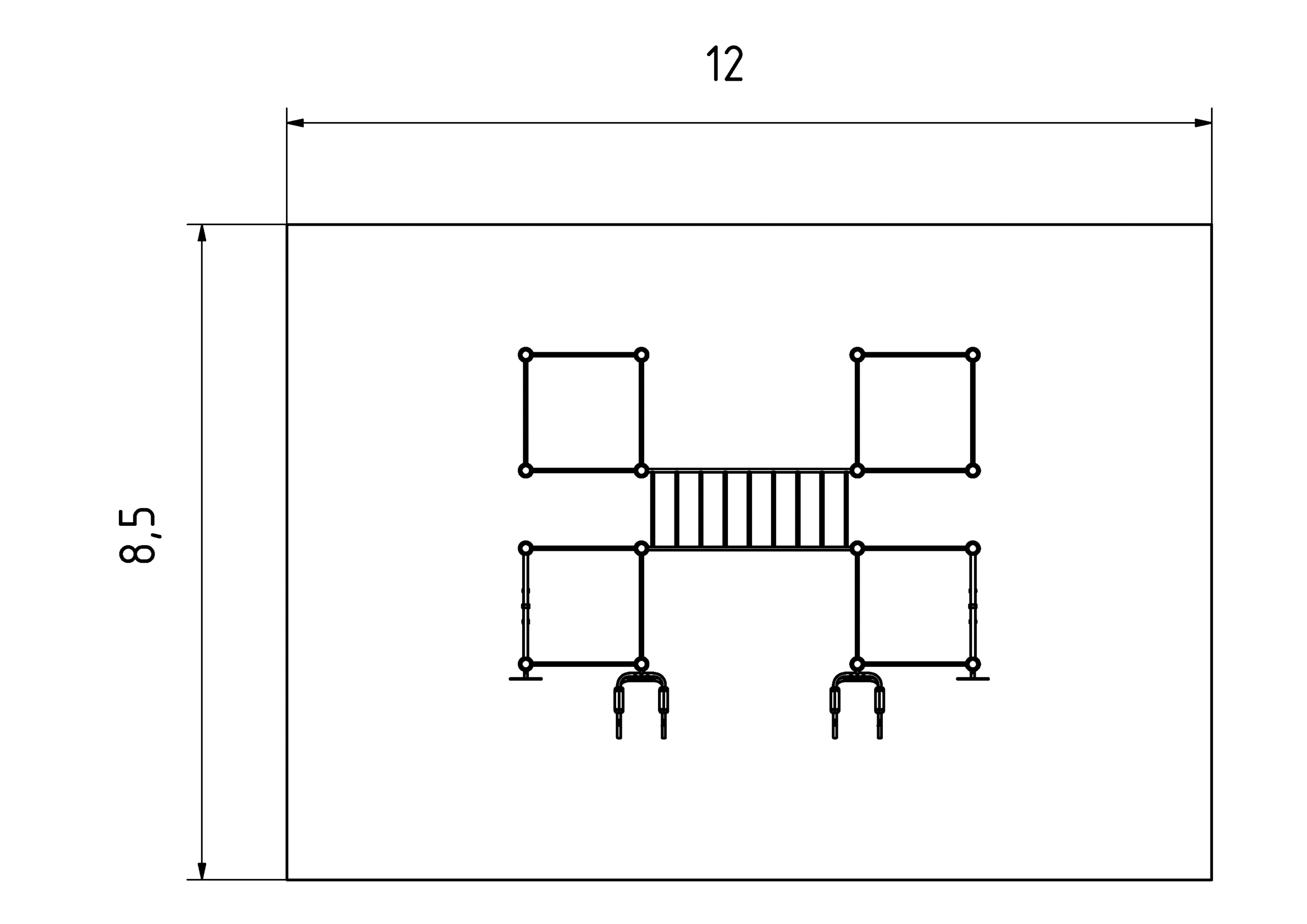 Spielplatzplan mit Brücke und Schaukeln, minimalistische technische Ansicht.