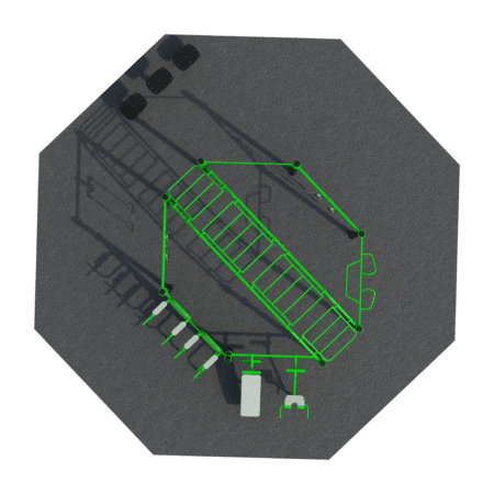 Outdoor Fitnessgeräte auf grauer Plattform mit grüner Struktur für Kletter- und Körpergewichtsübungen.