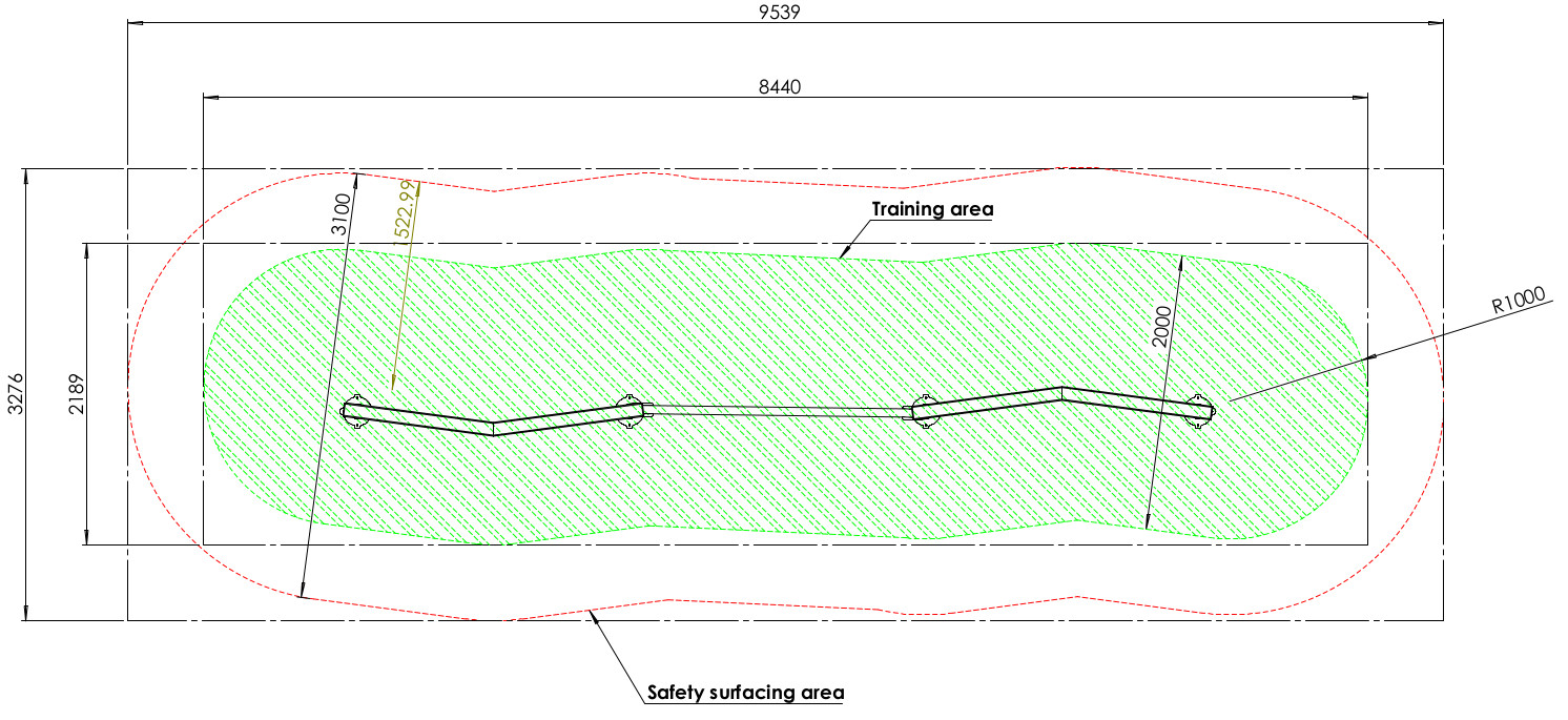 Architekturplan: Trainings- und Sicherheitsbereich, Maße und Radien für Bewegung und Schutz.