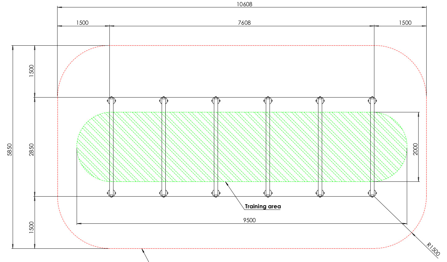 Architekturdiagramm eines Trainingsbereichs: Rechteckform, Maße, zentraler grüner Bereich, Teilerlinien.