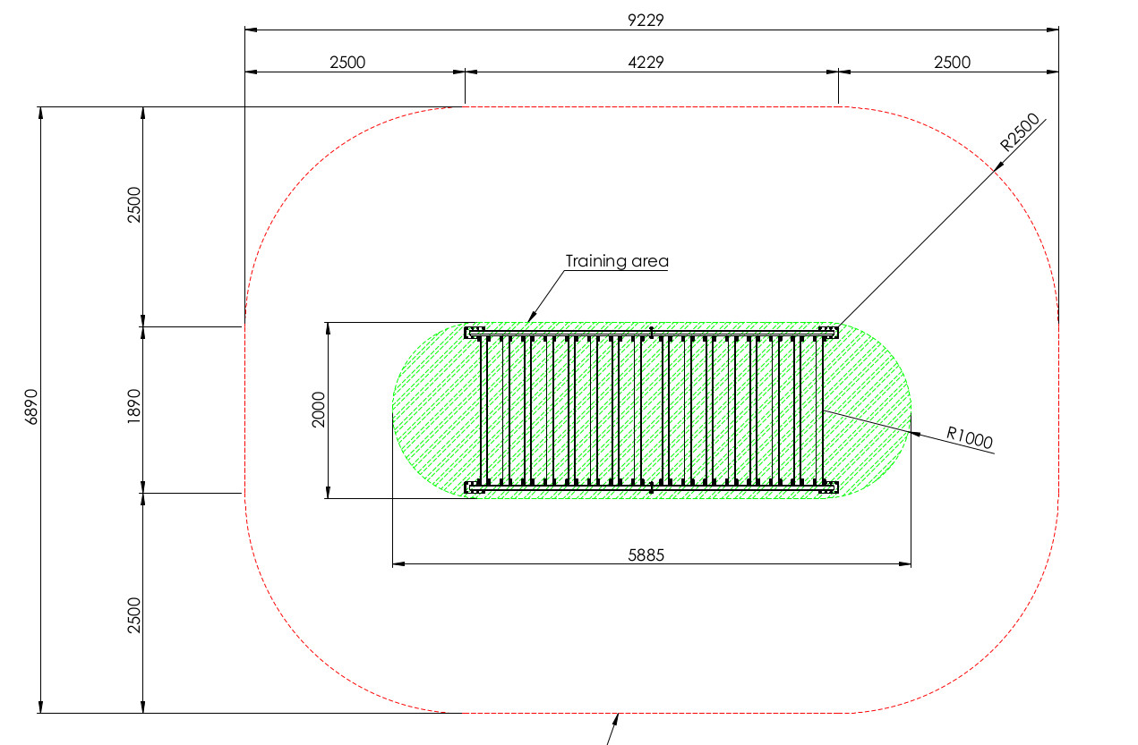 Technische Zeichnung eines ovalen Trainingsbereichs mit rechteckiger Trainingsfläche und detaillierten Maßen.