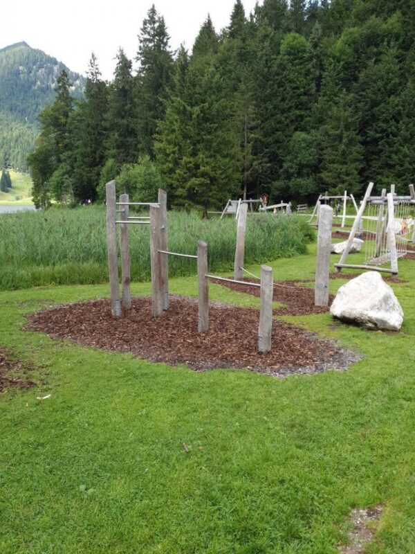 Outdoor-Fitnessbereich im Wald mit Holzgeräten, ideal für Sport- und Naturfreunde.